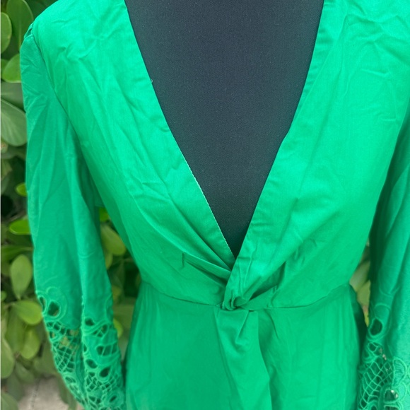 Elegant Green Mini Dress with Embroidered Long Sleeves - Picture 4 of 6